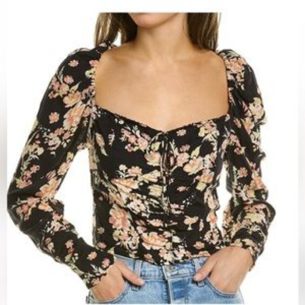 Free People Black Floral Sweetheart Neck Blouse